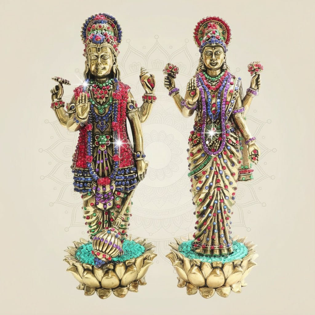 Vishnu - Lakshmi Brass Idol – Stunning Jewellery Stone Work - Luxeartisanship