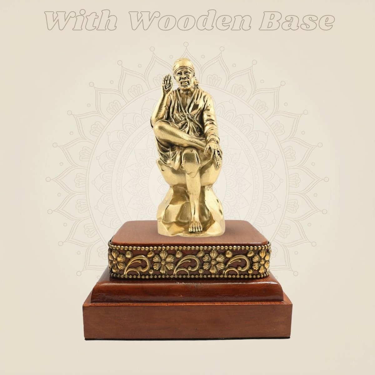 Wooden Base Featuring a Brass Sai Baba Murti