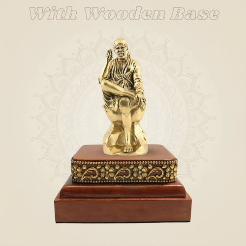 Wooden Base Featuring a Brass Sai Baba Murti 6" in Blessing Posture