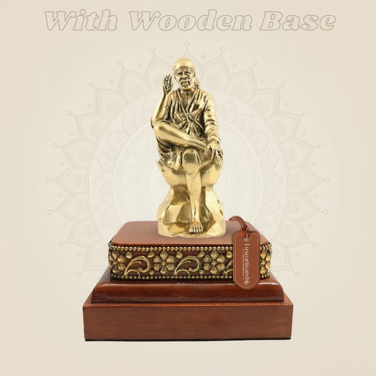 6 inch Brass Sai Baba Murti in Blessing Posture on Wooden Base