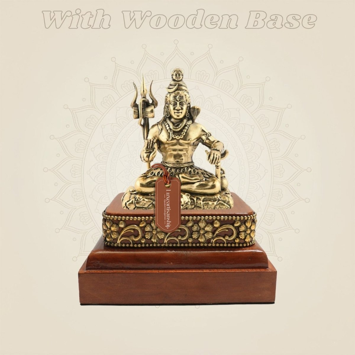 Brass Shiva Statue in Calm Meditative Form on Wooden Platform