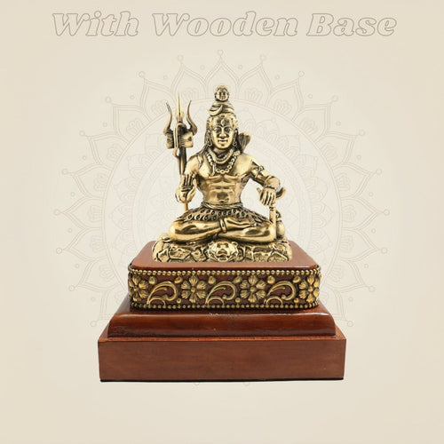 Wooden Platform Seated Brass Shiva Statue in Calm Meditative Form
